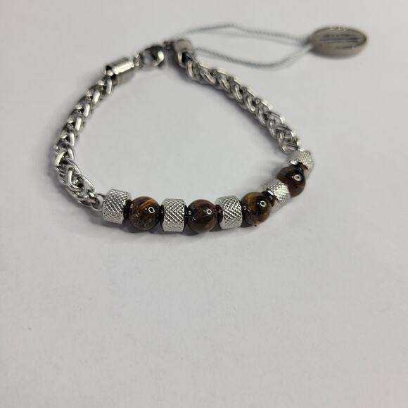 STEELTIME Men's Stainless Steel Wheat Chain Tiger Eye Beads Bracelet NEW - Picture 4 of 7
